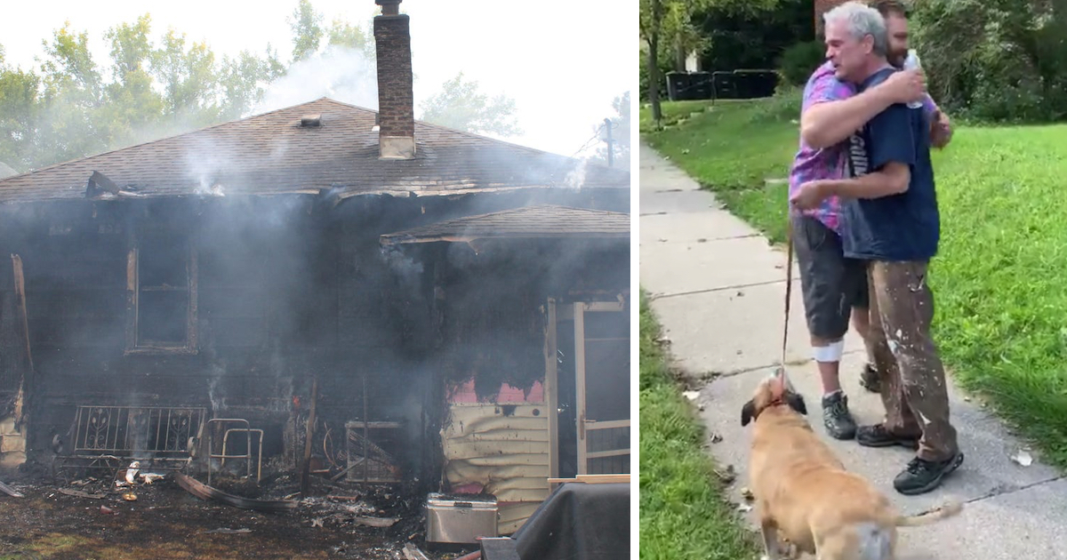 house catches fire with dog home alone complete stranger sees and runs inside