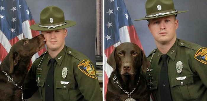K9 will not stop kissing his partner during official Photo shoot!